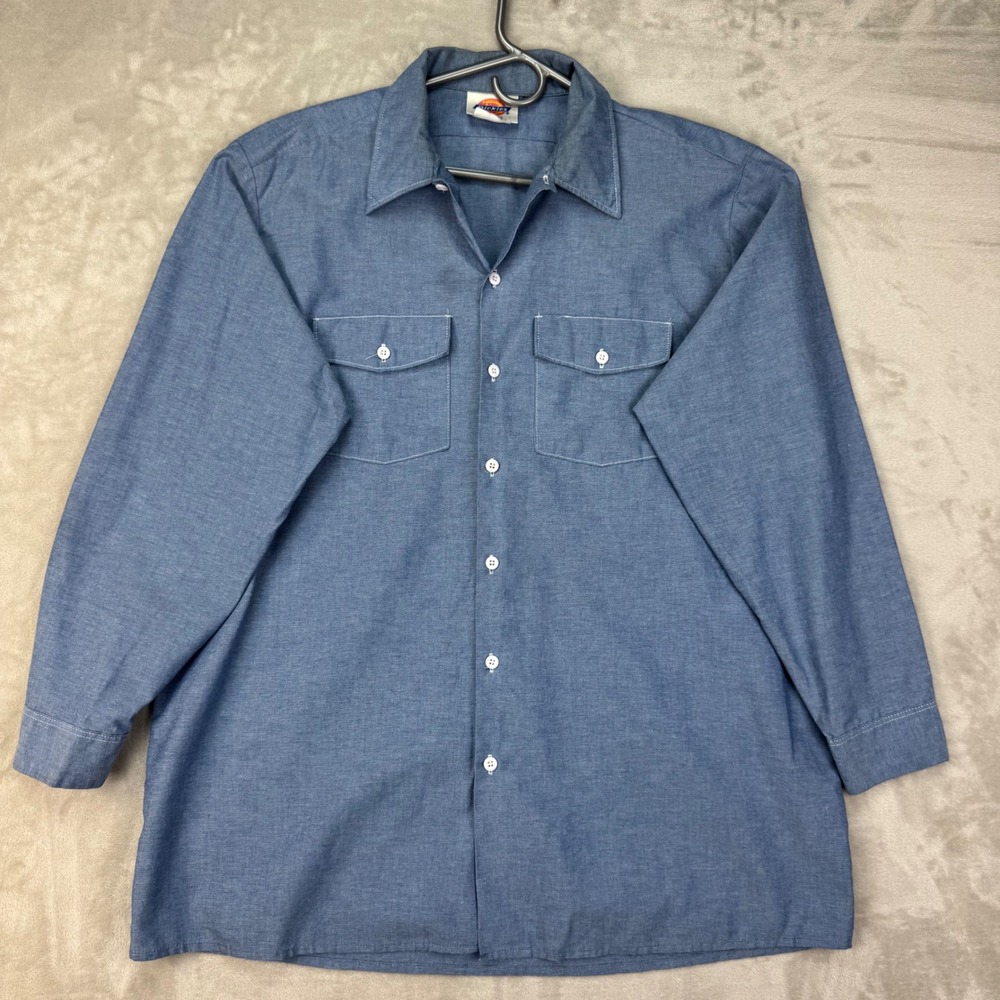Vintage 90s Dickies Chambray Work Shirt Mens XL Made in USA Button Long Sleeve